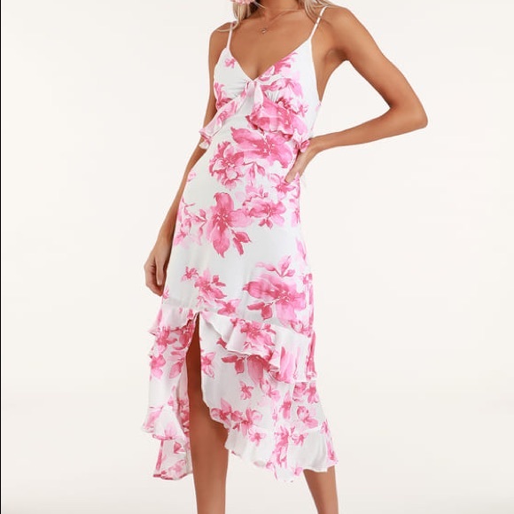 Lulus Dresses & Skirts - LuLus Island Time Pink Floral Ruffled Midi Dress